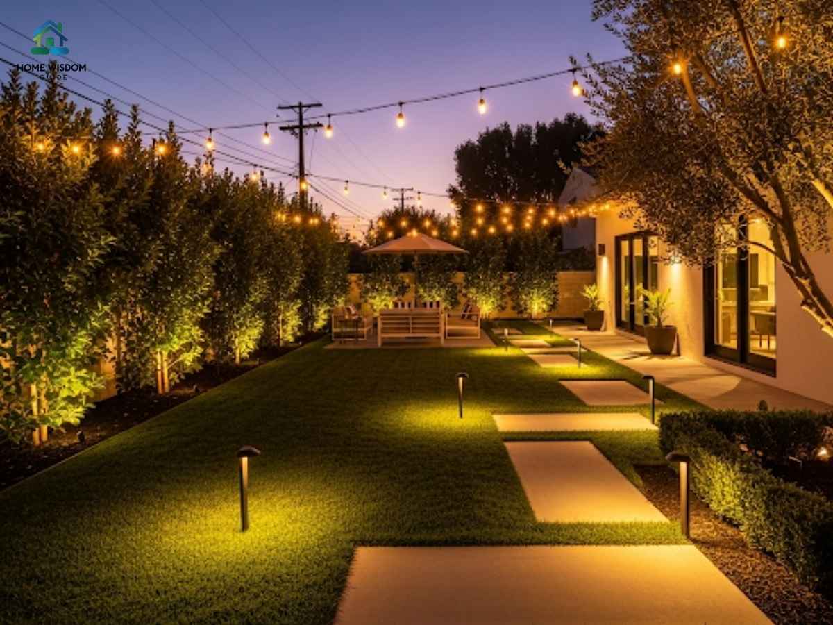Ambient string lighting and modern path lights in a Los Angeles backyard at dusk