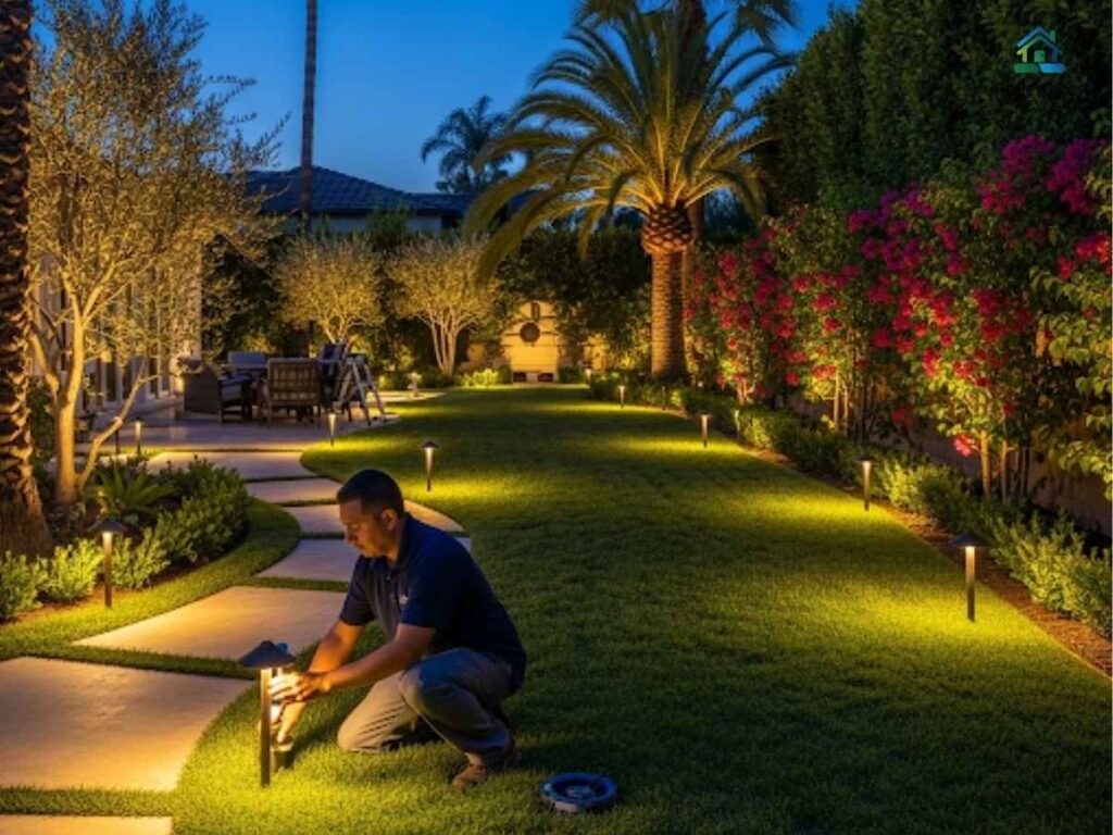 Outdoor Lighting Solutions for Chicago Backyards in Los Angeles 2 Professional outdoor lighting installer setting up LED garden lights in a Los Angeles backyard for safety and style