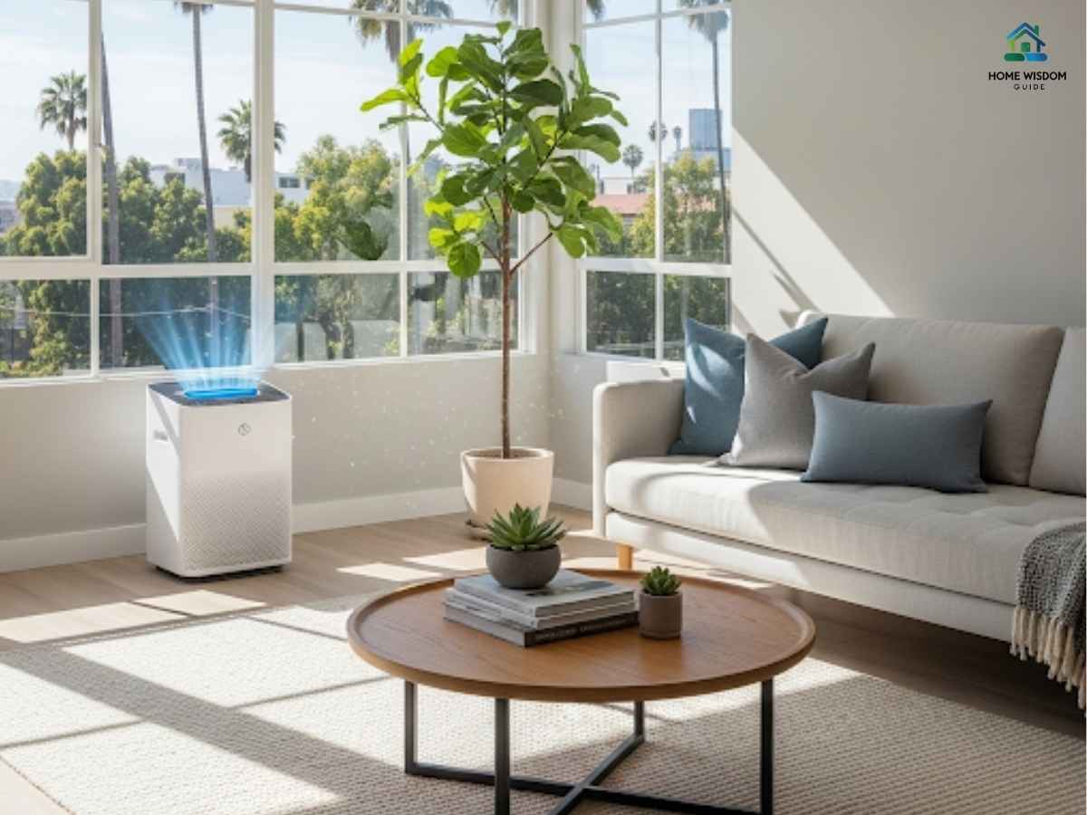 Modern Los Angeles apartment living room with air purifier and natural light improving indoor air quality