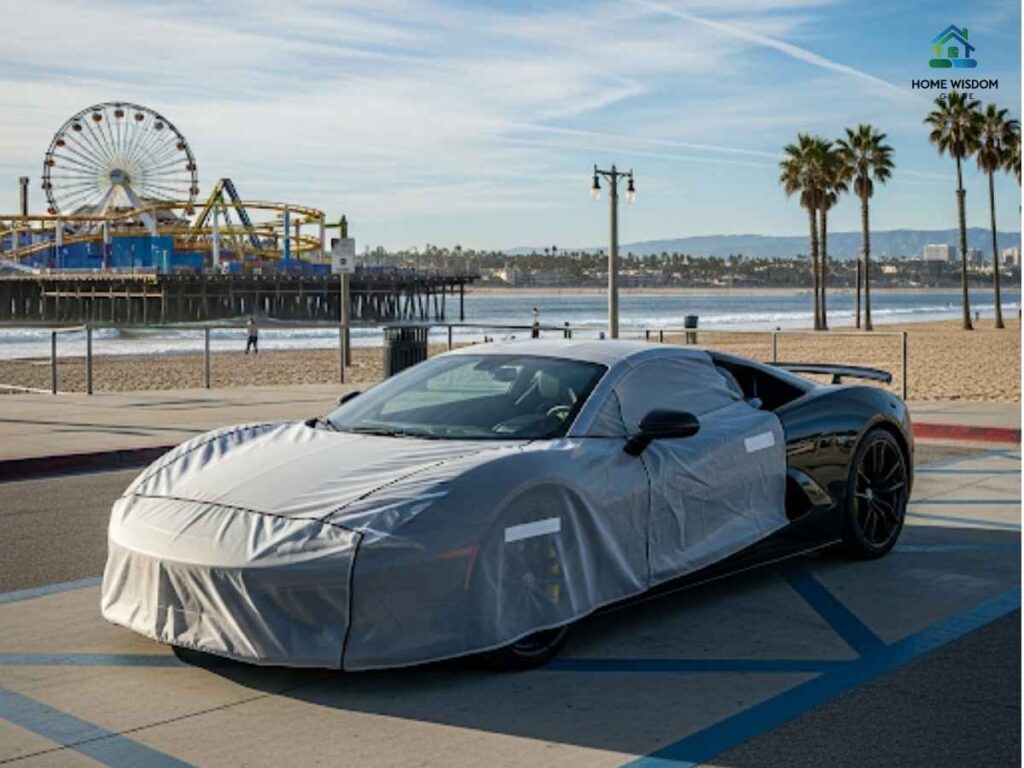 Coastal Car Care: Protecting Your Vehicle from Ocean Air in Los Angeles 1 Black sports car parked near Santa Monica Pier in Los Angeles, protected from ocean air damage