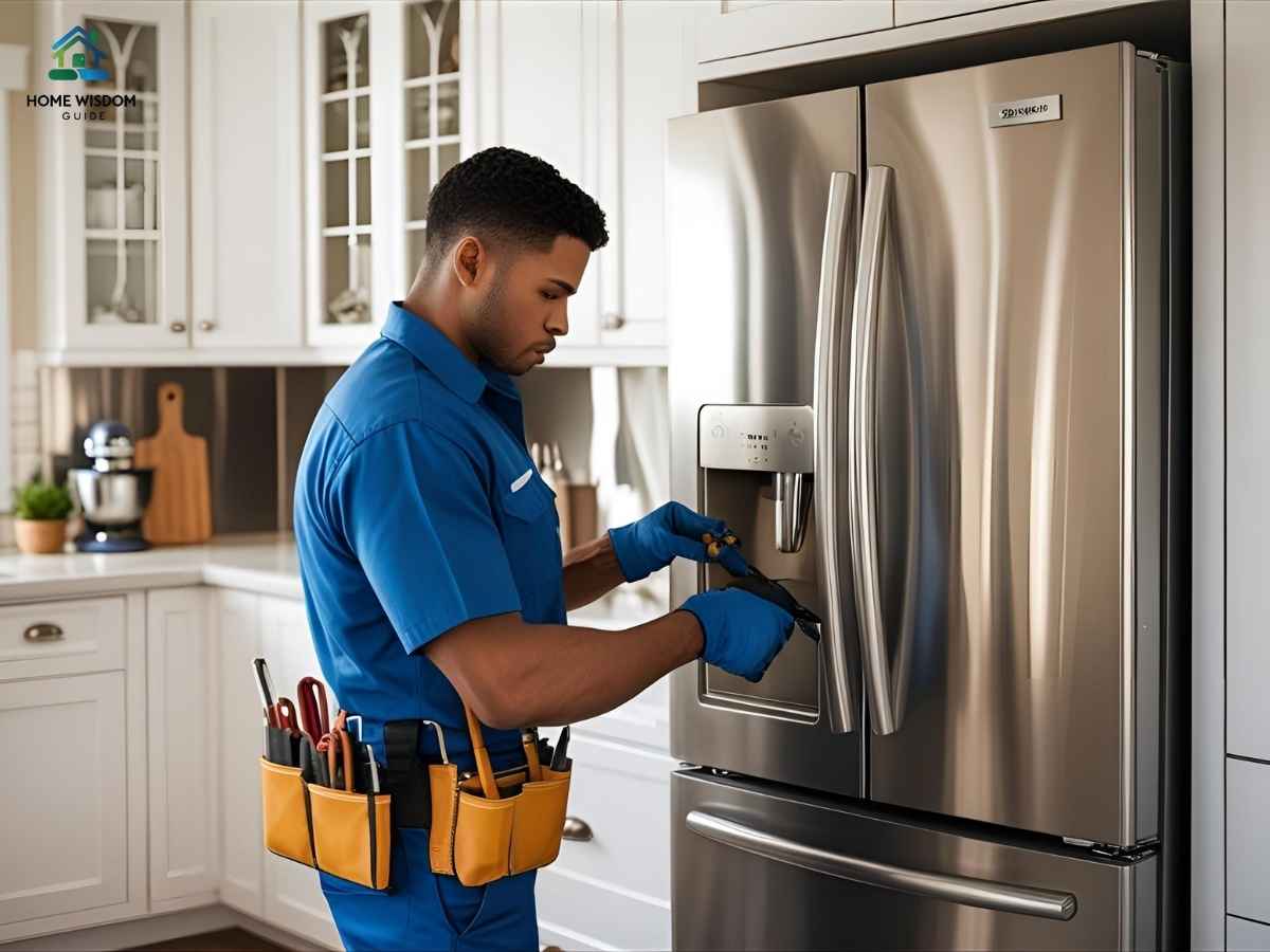 Los Angeles appliance repair technician fixing a refrigerator during an emergency service call in a residential kitchen.