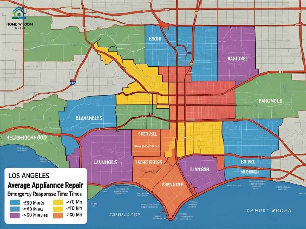 Appliance Emergency Guide for Los Angeles Neighborhoods: Response Times and Service Areas 2 Map showing Los Angeles neighborhoods and average appliance emergency response times for local repair services