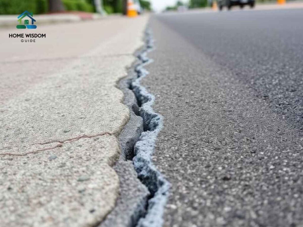Close-up of freshly filled driveway cracks on Fruitridge Road, Los Angeles using high-quality sealing materials