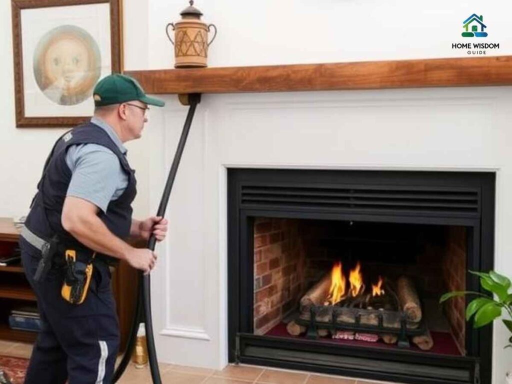 Chimney sweep inspecting fireplace in a McKinley Park Los Angeles home