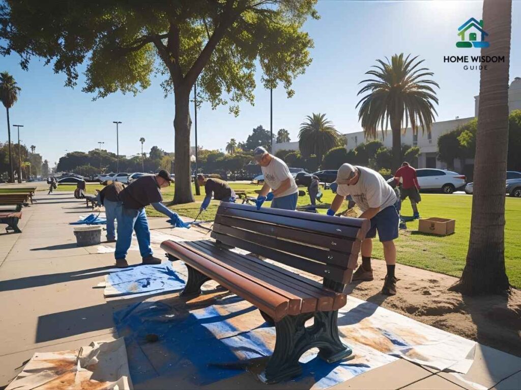 Community park bench refinishing project in Los Angeles sunshine