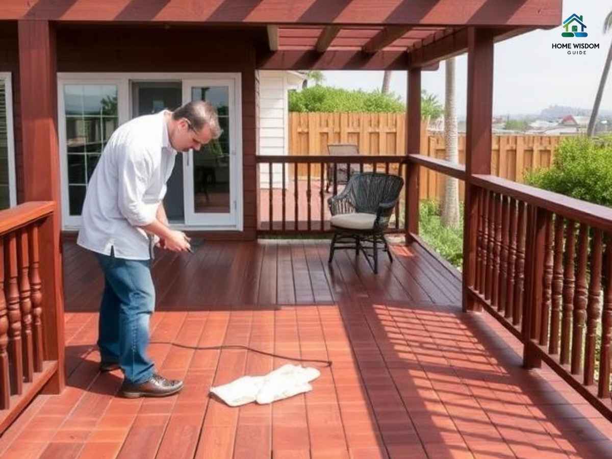 Professional deck-staining in Mission Beach, Los Angeles, showing weather-resistant wood treatment process