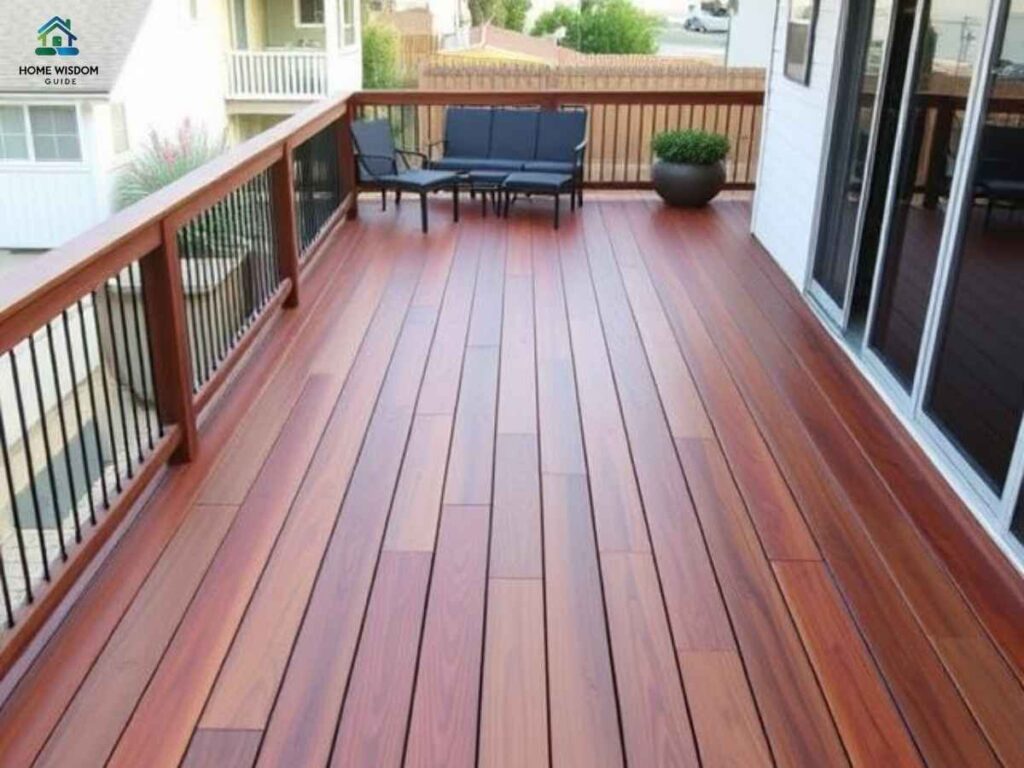 Newly stained wooden deck at a Mission Beach home, Los Angeles, highlighting vibrant, durable finish against coastal climate
