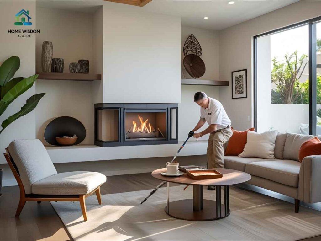 Modern fireplace and chimney being inspected for Cupertino code compliance in Los Angeles living room